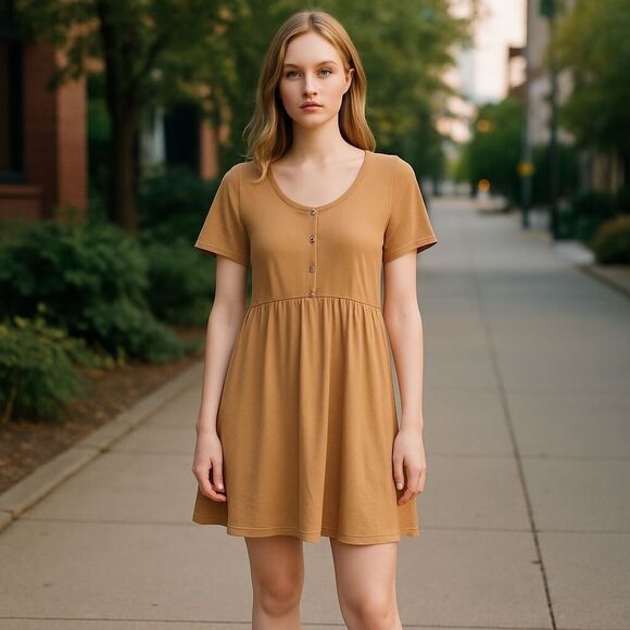 Women Ribbed 3 Front Button Short Sleeve Mini Dress Khaki Size Large - Picture 3 of 8